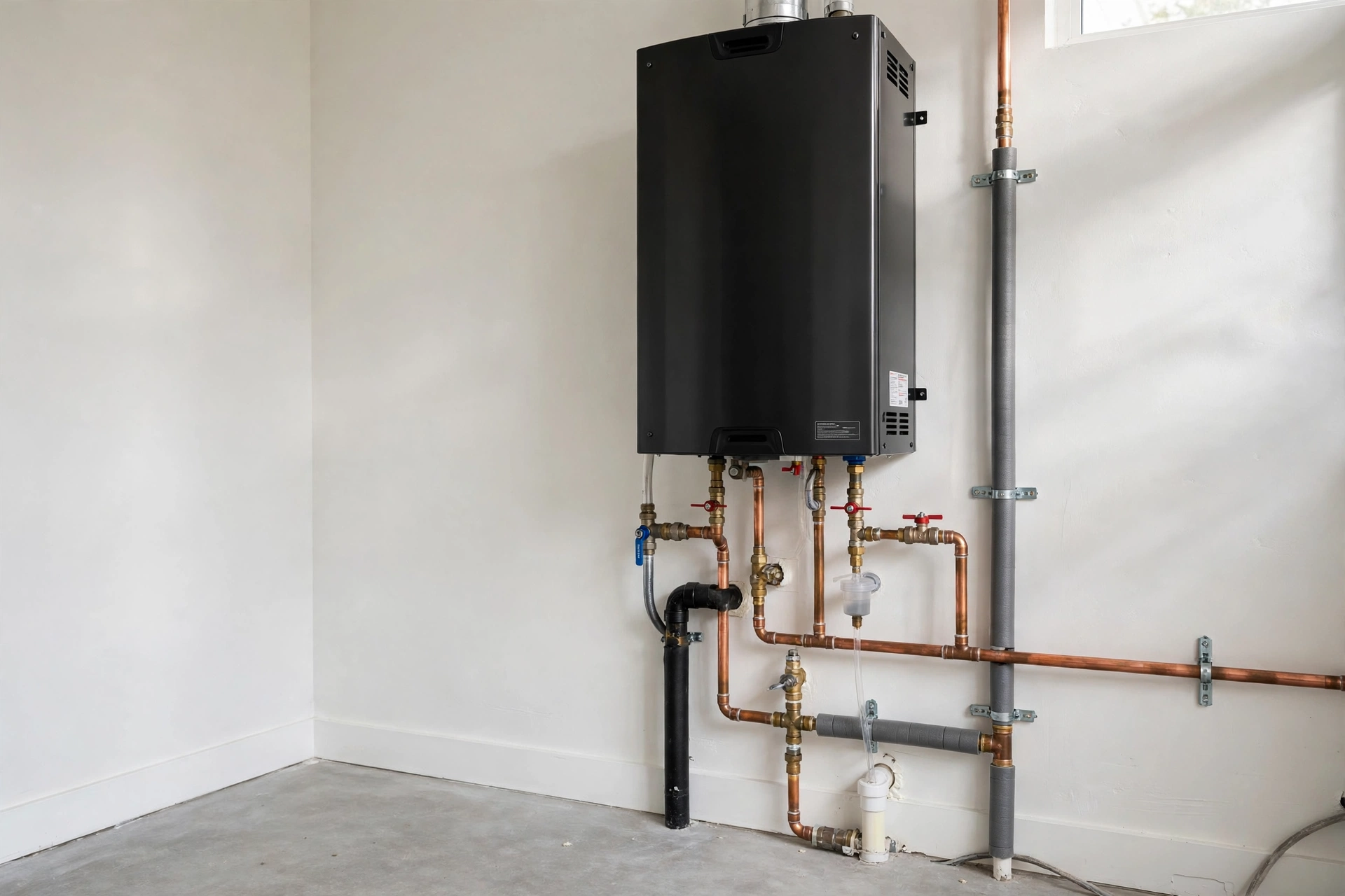 Modern tankless water heater neatly installed on a clean wall